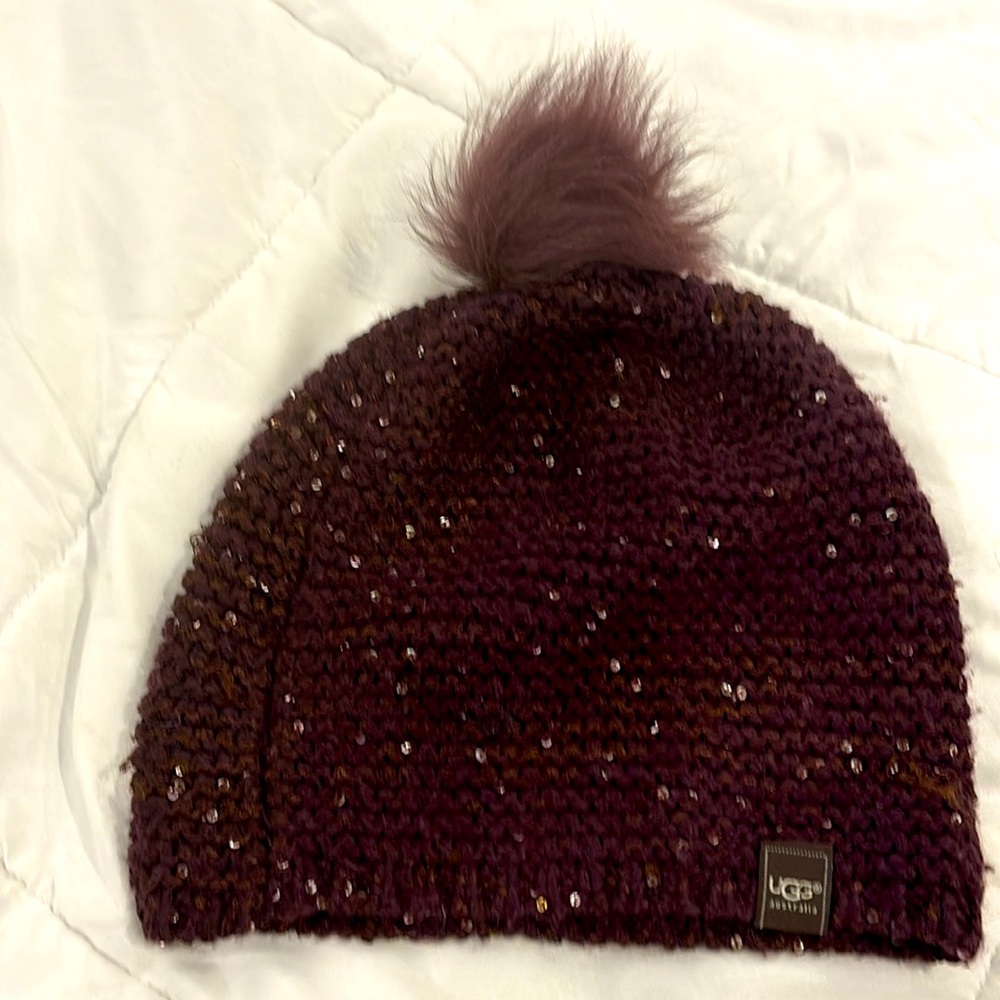 Ugg ladies purple pompom hat